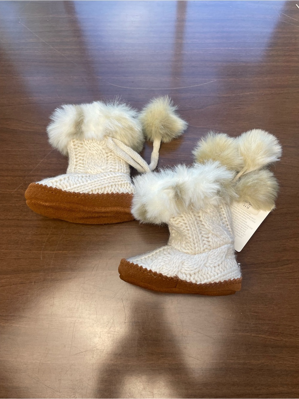 Restoration Hardware Cream Knit Faux Fur Pom Booties